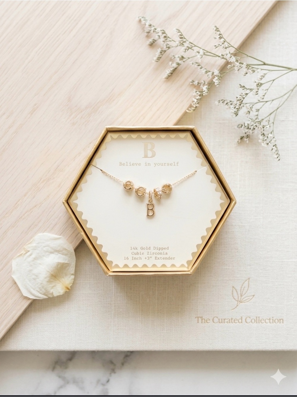 Believe by Brilliance 14k Gold Dipped "B" Initial Necklace CZ NIB